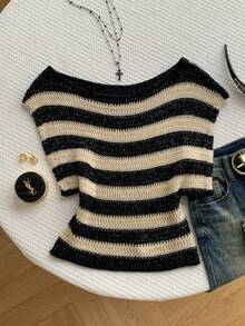 Comfortcana Women's Colorblock Striped Knit Top - Black and White - View 2