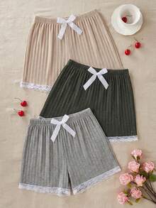 EURMUSE Women COTTON 3pcs Rib Knit Multicolour Lace&Ribbon Detail Homewear Comfort Shorts Lounge Set - Multicolor - View 5
