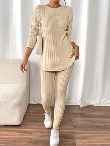SHEIN Frenchy Drop Shoulder Ribbed Knit Tee & Leggings Textured Fabric Two Pieces - Apricot - View 3