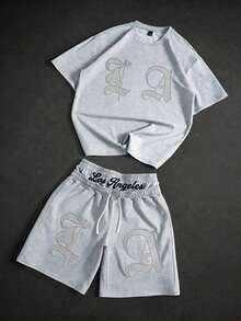 2pcs Kids Tween Boys Casual Gothic Font Graphic Crew Neck Short Sleeve Heather Grey T-Shirt And Grey Shorts Squishy Set, Y2K Set, Summer Tops, Summer Shorts, Boys Outfit Kids Set, Suitable For Spring/Summer, Valentine's Day, Date, Summer Outfit, Family Gathering, Back To School, Wedding Season, Sports, Birthday Party - Grey - View 3