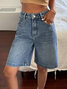 Livesso Tall 女款夏季中腰寬鬆百慕大牛仔短褲，休閒街頭風日常穿著度假款 - 中等水洗藍 - 查看 9