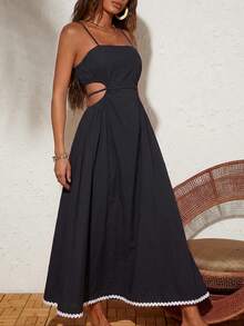 Travachic Vestido de mujer de unicolor con diseño de abertura lateral y tirantes finos - Negro - Ver 6