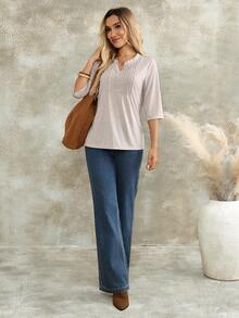EMERY ROSE Women's Solid Color V-Neck 3/4 Sleeve Casual T-Shirt Office Light Grey Summer T Shirts For Women Autumn Outfits For Women - Apricot - View 3