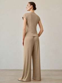 MOTF PREMIUM WOMEN'S CASUAL PLEATED ASYMMETRIC NECKLINE KNIT 2 PIECES SET - Brown - View 2