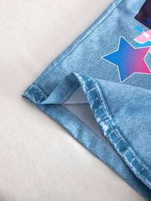 SHEIN 青少年女孩休閒 Y2K 時尚卡通印花丹寧效果彈性腰寬腿褲，寬鬆舒適，適合秋冬春夏，藍色 - 藍色 - 查看 8