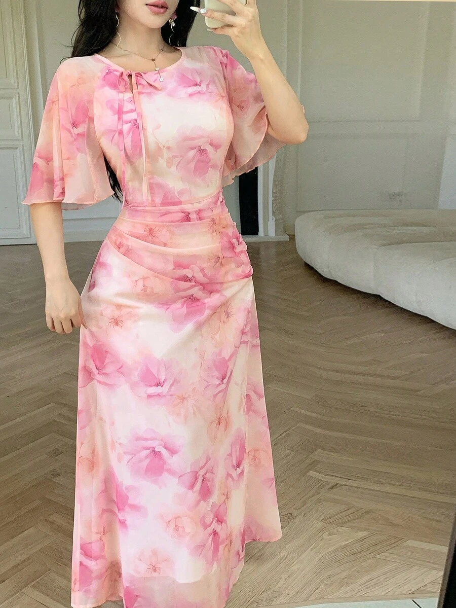 Modelyn 女款花卉印花收腰遮腹百褶大裙擺洋裝
