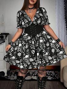 Whyspr Plus Size Dark Style V-Neck Waist-Cinching A-Line Dress - Multicolor - View 2