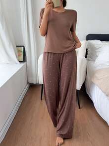 DAZY Women's Solid Color Round Neck Short Sleeve T-Shirt And Polka Dot Print Long Pants Pajama Set - Coffee Brown - View 3