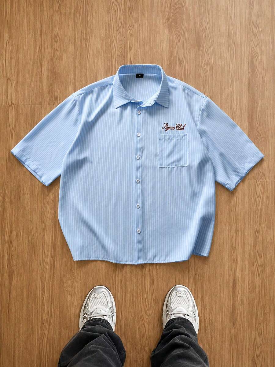 Manfinity Joysei Men's Letter Print Single-Breasted Short Sleeve Pocket Shirt - Baby Blue - View 1