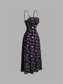 Skyraze Women Bowknot Strap Floral Print Long Dress For Summer,Graduation Dress,Modest Dresses For Women - Black - View 5