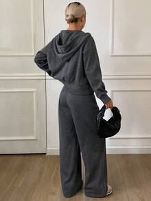 Livesso Tall Setelan Kasual 2 Potong Wanita Berbahan Payet, Atasan Sweatshirt Berkerudung dengan Bukaan Depan dan Celana Longgar untuk Musim Gugur - Grey - View 2