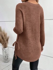SHEIN LUNE 女款素色圓領長袖側綁帶休閒毛衣 - 紅木色 - 查看 2