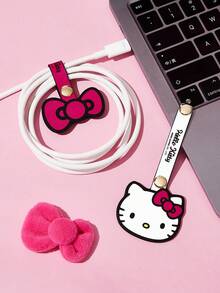 HELLO KITTY AND FRIENDS | SHEIN Cartoon Cat Print Cable Organizer Set, 2-Piece Cute Leather Cord Ties With Snap Closure, Reusable Cable Management Clips For Earphones, Charging Cables & Travel - Multicolor - View 1