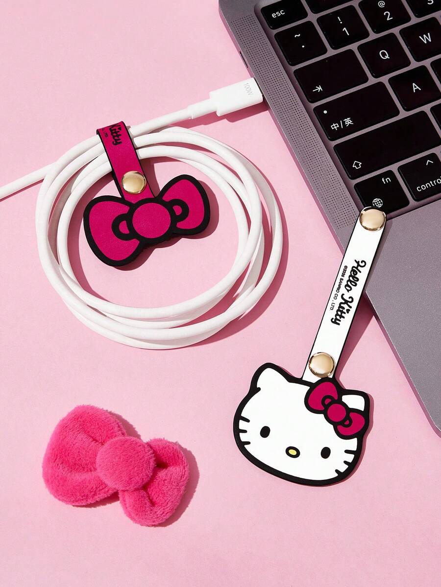 HELLO KITTY AND FRIENDS | SHEIN Cartoon Cat Print Cable Organizer Set, 2-Piece Cute Leather Cord Ties With Snap Closure, Reusable Cable Management Clips For Earphones, Charging Cables & Travel - Multicolor - View 1