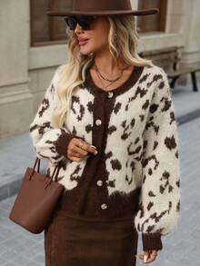 Brillora Cardigan de Tricô Casual Feminino com Estampa de Leopardo, Manga Longa e Abotoamento Simples - Castanho - Visão 6
