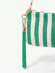 Viva Strut Ladies' Fashionable Simple Vacation Summer Green And White Stripes Yellow Sequins Lemon Decorative Fringed Metal Chain Shoulder Bag, Vacation Seaside - green and white - View 7
