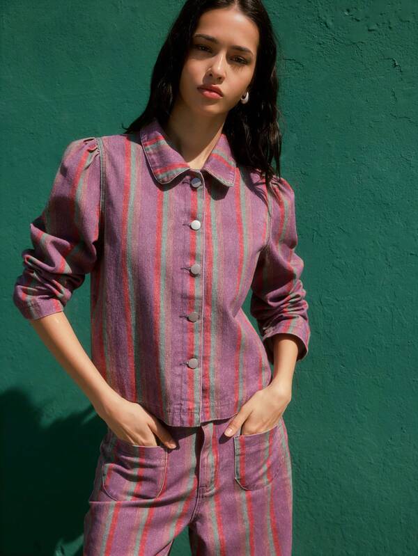 Nöista Part Of A Set. Purple Multi-Stripe Jacket With Collar And Buttons. Perfect For Daywear, Casual, Day-To-Night, Fall, Autumn, Winter Outfits For Women.