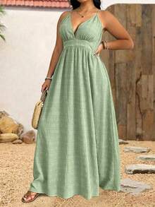 Sunserae Plus Size Women Summer Spaghetti Strap Textured Belt Beach Vacation Dress - Mint Green - View 4