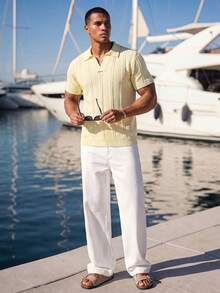 Ocevento Mens Short Sleeve Knit Polo Shirt Casual Striped V Neck Pullover Knitwear Top Summer Lightweight Blouse 
Mens Summer Knitted Polo Shirt Short Sleeve - Pale Yellow - View 3