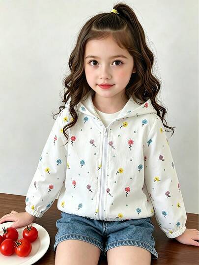 SHEIN Elladie kids Jaket Berkerudung Resleting Kain Bermotif Bunga Warna-warni Putih untuk Anak Perempuan, Cocok untuk Gaya Kasual Sehari-hari, Lucu