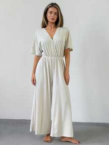 DAZY Women's Solid Color Wide Leg Jumpsuit Loungewear - Light Grey - View 1