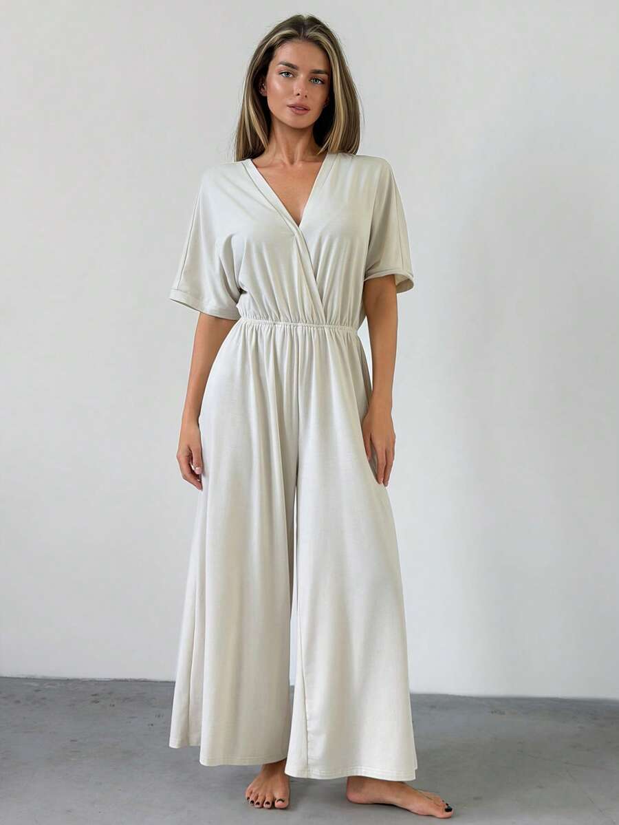 DAZY Women's Solid Color Wide Leg Jumpsuit Loungewear - Light Grey - View 1