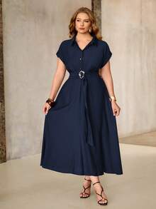Roveilla Plus Size Women's Solid Color Shirt Collar Half-Button Front Cinched Waist Belt Elastic A-Line Dress Navy Blue Mid-Length Elegant Office Teachers' Day - Navy Blue - View 8