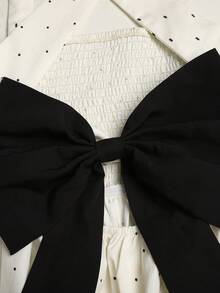 SHEIN Tween女孩休閒日常百搭修身波點圖案後背蝴蝶結裝飾中長洋裝 - 杏色 - 查看 6