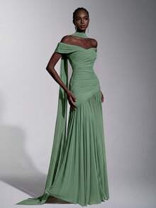 Elitara Elegant Minimalist Chic Off-Shoulder Ruched Asymmetric A-Line High Slit Dress, Suitable For Weddings, Formal Events, Galas, And Cocktail Parties - Green - View 7