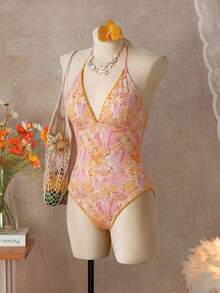 Swim Vcay 26SS Primavera/Verano Vacaciones Playa Floral Amarillo Color de Contraste Borde Diente de Perro Cuello Halter Una Pieza - Multicolor - Ver 11