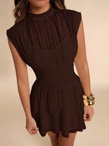 SHEIN BAE Spring/Summer Solid Dark Brown Stand Collar Sleeveless Ruched Chest Gathered Waist Multi-Layer Asymmetric Ruffle Cake Dress, Sweet Fairy Style - Coffee Brown - View 7