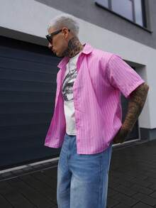 Artur Kramer Men's Casual Loose Striped Short Sleeve Shirt, Spring To Summer - Watermelon Pink - View 4