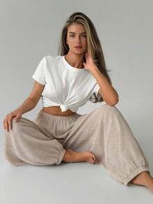 DAZY Women's Solid Color Elastic Waist Casual Daily Loungewear Pants Fall - Apricot - View 5