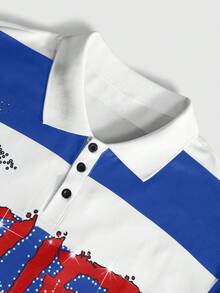 ROMWE MEN Street Life Kemeja Polo Pria Motif Garis-Garis Blok Warna dengan Cetakan Huruf Potret - MultiWarna - View 4