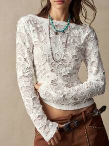 Bohemela Casual Boho Country Grunge Solid Color Knit Off-Shoulder Women's T-Shirt Concert Music White Autumn - White - View 4