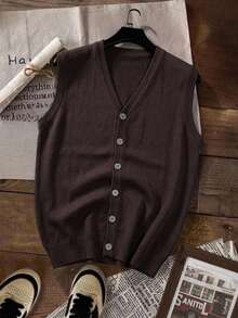 Manfinity Homme Men's Casual Smart Casual Versatile Solid Color Knit Vest Holiday Dark Brown Autumn Office - Multicolor - View 7