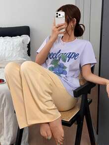 DAZY 女款字母與葡萄印花短袖上衣與長褲睡衣套裝 - 霧霾藍 - 查看 7