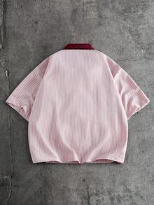 AXEPEAK 男士字母刺繡條紋短袖休閒 Polo 衫 - 紅色 - 查看 3