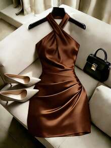 GlowEve Women's Halter Neck Backless Solid Color Ruched Criss-Cross Neckline Dress - Brown - View 1