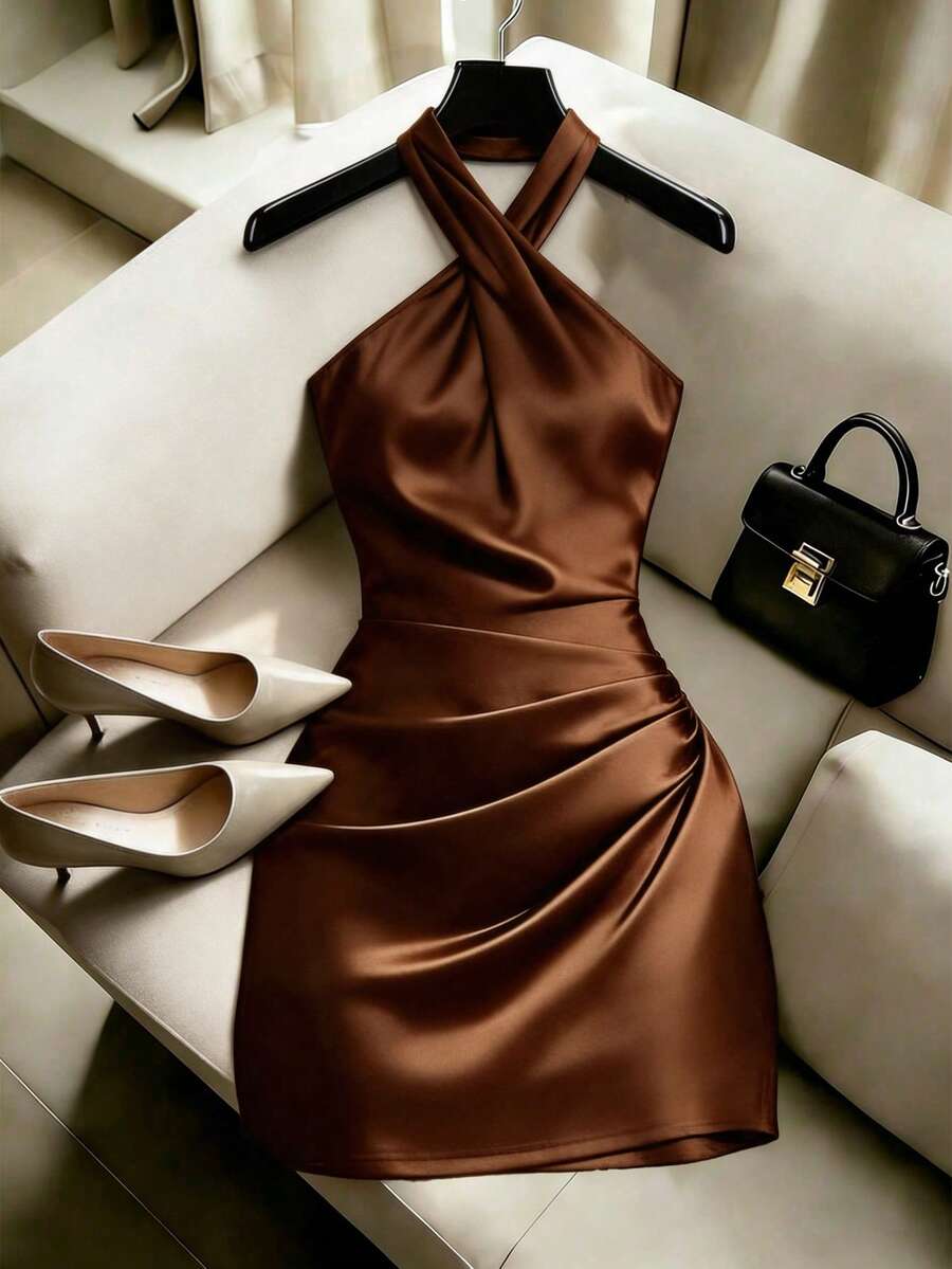 GlowEve Women's Halter Neck Backless Solid Color Ruched Criss-Cross Neckline Dress - Brown - View 1