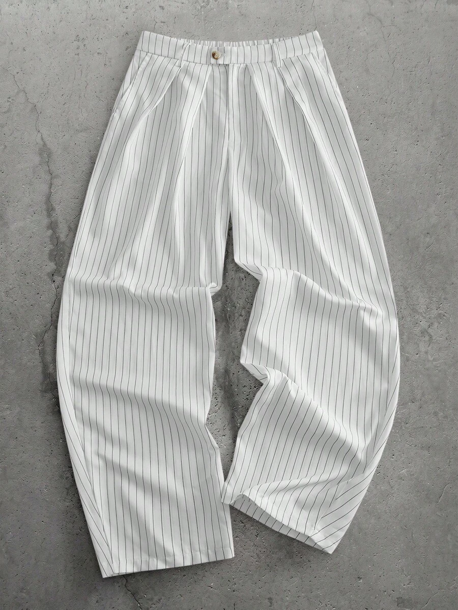 HIMLAND Men's Casual Versatile Commuter Striped Long Pants - White - View 1