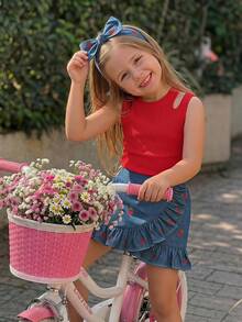 Emery Rose Kids Emery Rose Kids 女童純色圓領鏤空設計背心上衣與草莓圖案荷葉邊裙擺套裝 - 紅色 - 查看 5