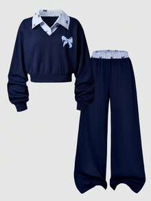 SHEIN Casuvi Kids 2件組 秋冬青少年女孩 Romweezy 寬鬆休閒設計拼色 2合1 領口V領短版衛衣搭配寬鬆休閒寬腿拼色拼接長褲，適合日常通勤、休閒、度假、姊妹聚會、街頭風 - 彩色 - 查看 3