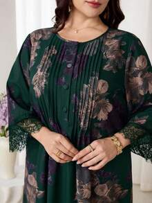 Al Najma Plus Size Women's Floral Print Arabian Dress - Dark Green - View 8