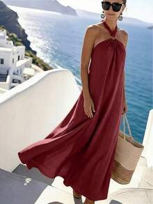 SHEIN Holidaya Women's Elegant Jamican Sexy Halter Neck Beach Vacation Dress, Dark Red Slimming A-Line, Sleeveless Full Skirt Mediterranean Style, Ring Buckle Summer - Burgundy - View 6