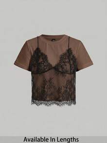 SHEIN Tall CURVE Kaos Lengan Pendek Leher Bulat Putih Berenda Ukuran Besar untuk Musim Panas (2 in 1) - Coffee Brown - View 5