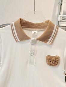 2件組 男童夏季白色與棕色拼接學院休閒風熊刺繡短袖 Polo 衫與配套短褲套裝，寬鬆版型，舒適，適合日常穿著、學校活動、休閒外出、家庭聚會、拍照拍攝 - 卡其色 - 查看 6