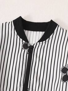 SHEIN Girls' Floral Print Striped Baseball Jacket, Rhinestone Detail,Back-To-School,Cute,Vacation - Black - View 8