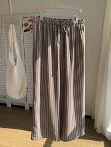 Comfortcana Plus Size Women's Waist Tie Striped Wide Leg Loose Casual Pants - Khaki - View 7