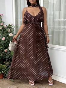 GalTyme Plus Size Women's Polka Dot Patchwork Ruffle Hem Fashion Cami Dress - Brown - View 3